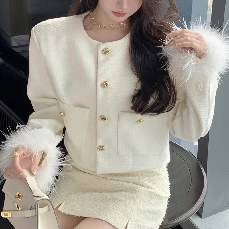 Autumn Winter Elegant Fashion Feather Spliced Short Jacket Ladies Temperament All-match Buttons Coat Women Cardigan Top Outwear