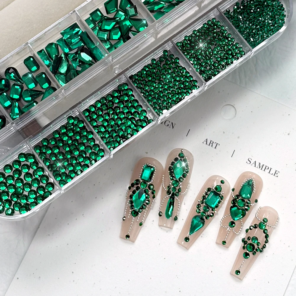 1Box Emerald Green Ice Transparent Nail Charm Heart/Marquise/Teardrop/Round Beads Manicure Decor Daily Nail Handmade Accessories