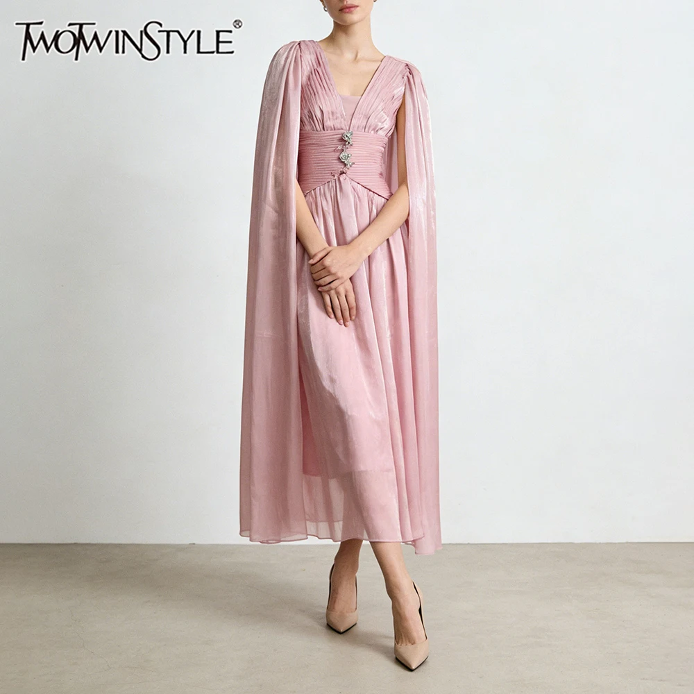 

TWOTWINSTYLE Elegant Spliced Shirring Long Dresses for Women Square Neck Sleeveless Tunic Patchwork Metal Flower Dress Female