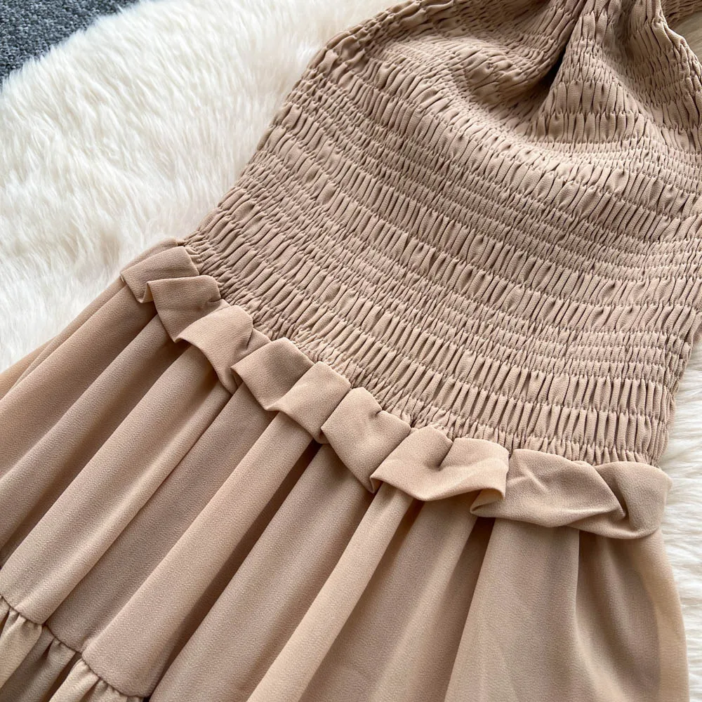 Verão elegante vestido de babados para mulheres em camadas bolo vestidos slash neck boêmio fino chiffon magro vestidos femininos novo em 2025