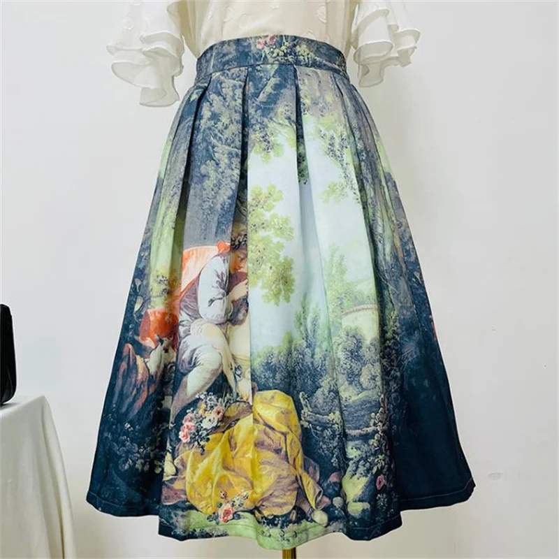 Oil painting tutu skirt 2023 summer retro print high waist pleated mid-length umbrella skirt a-line skirt