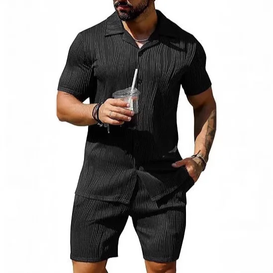 Men's 2 Piece Outfits Short Sleeve Button Down Shirt and Shorts Set Casual American Street Style Fashion Trendy Summer Tracksuit