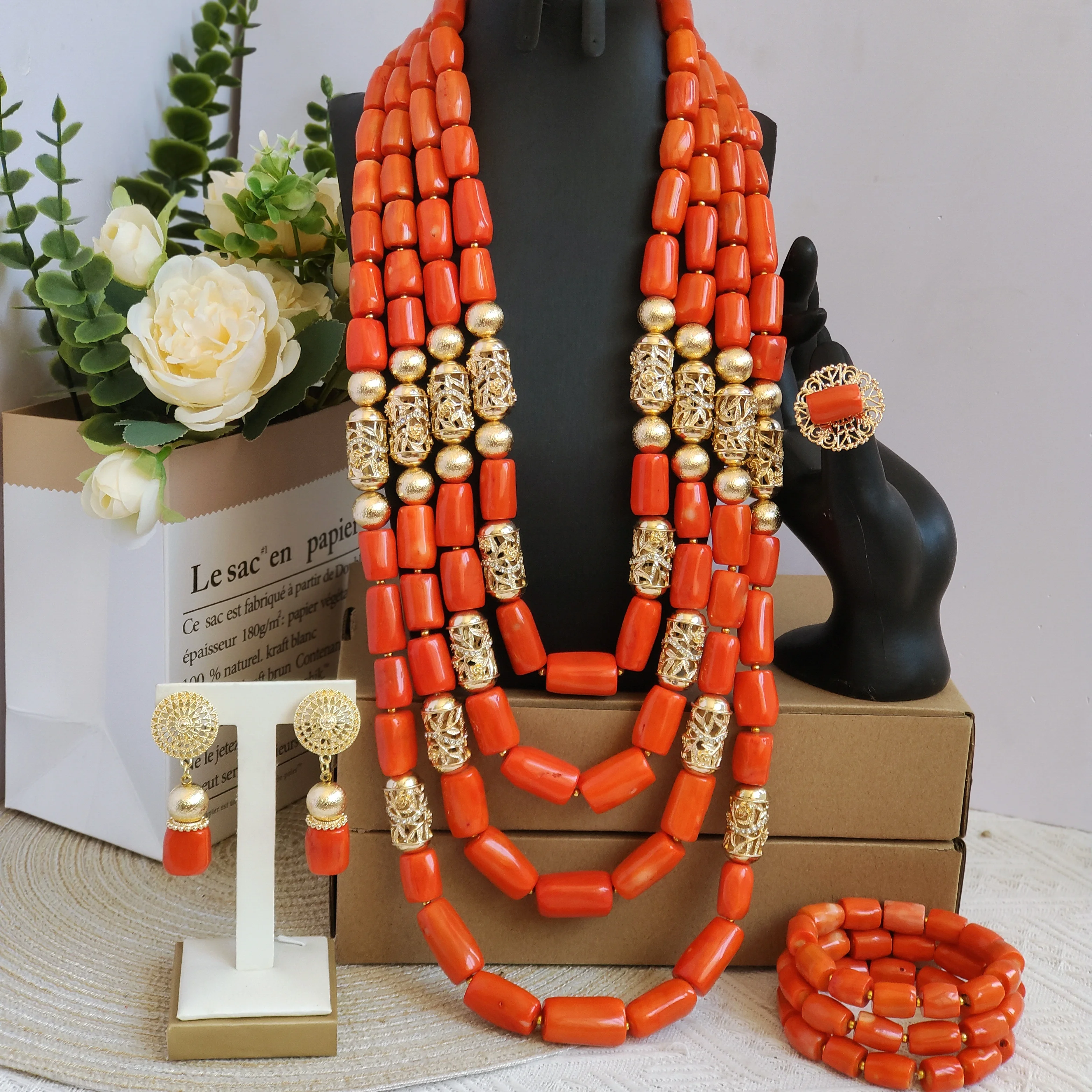 

Luxury Full Necklace Real Coral Bead Jewelry Set Nigerian Wedding