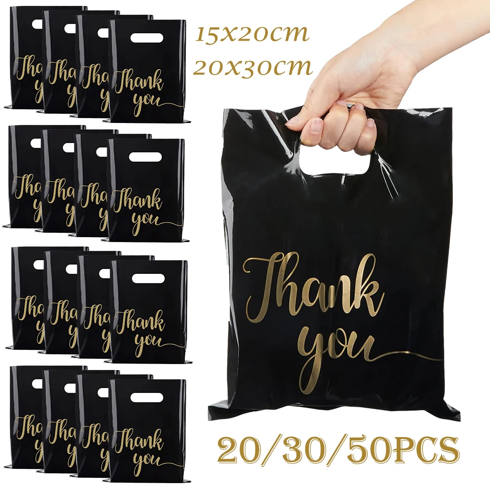 20/30/50pcs Black Thank You Gift Bags Plastic Shopping Bags With Handles Candy Cookie Packaging Bag Birthday Party Decor Wedding