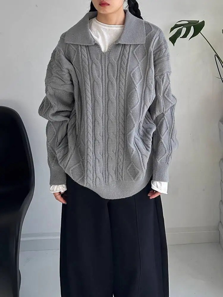 

HUISONG Vintage V-Neck Cable Knit Sweater Thick Pullover Old Money Loose Casual Knitwear Jumper for Women Autumn Winter ipg1ao