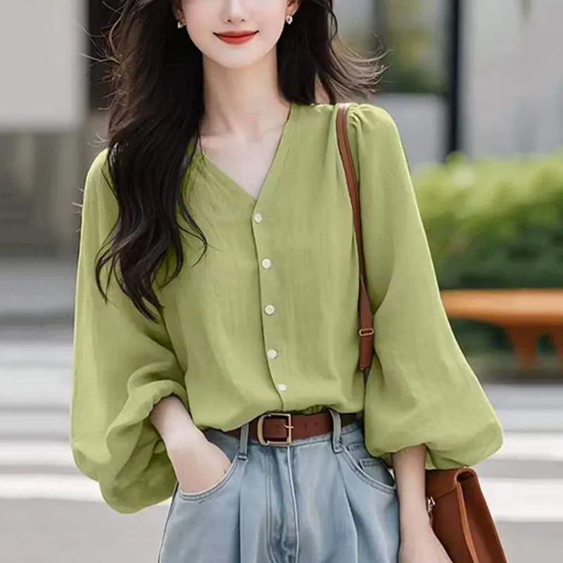 Women\'s Autumn Fashion Simplicity Solid Color V-neck Long Sleeve Chiffon Shirts Women Clothes Casual All-match Temperament Tops