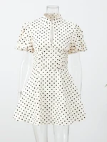Retro Polka Dot Mini A-line Dress Women Elegant Stand Collar Puff Short Sleeve Waist-cinching Dresses Lady Party Robe 2026 New - Image 6