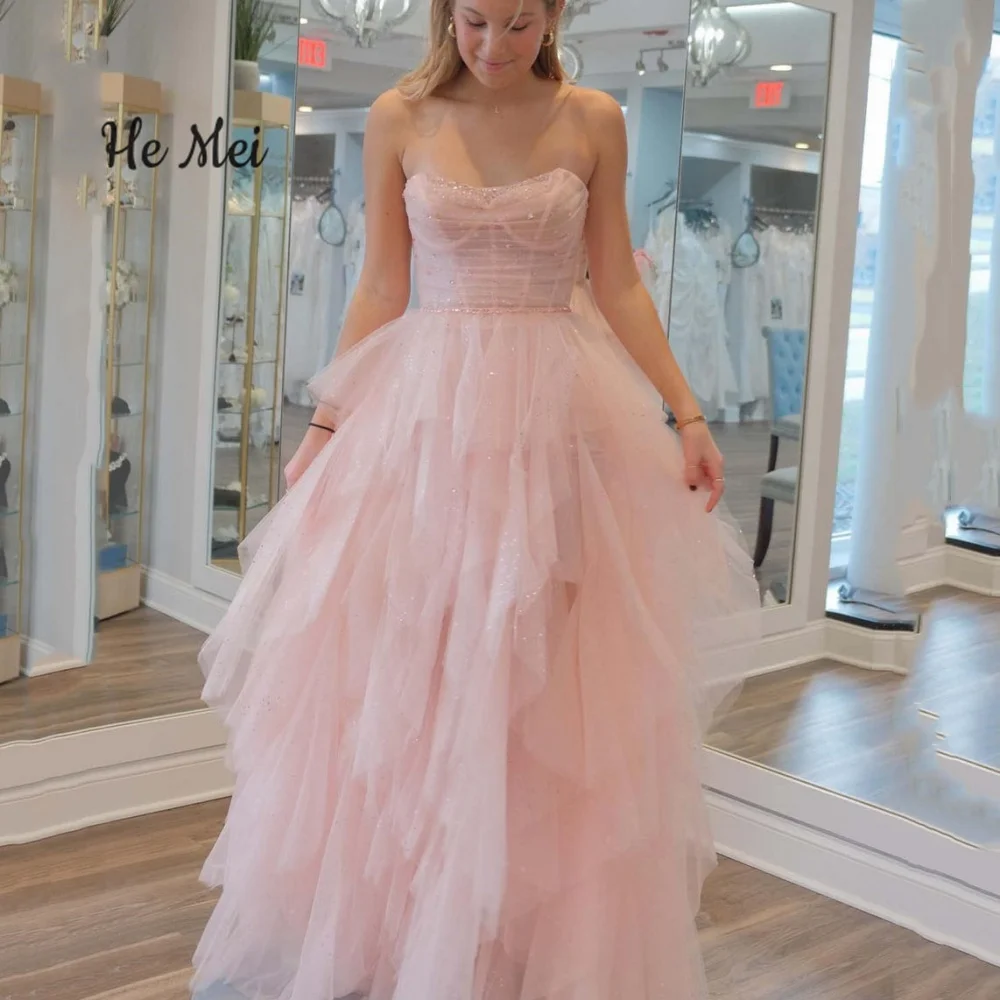 Romantic Tulle Prom Dresses Diamond-covered Back Lace Up Pink Evening Gowns Sweetheart New Evening Dress Vestidos De Novia