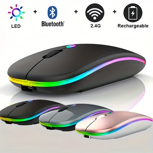 무선 마우스 블루투스 및 2.4GHz 듀얼 모드 충전식 RGB 인체 공학적 무음 클릭, PC, 아이패드, 노트북, 휴대폰 TV용 