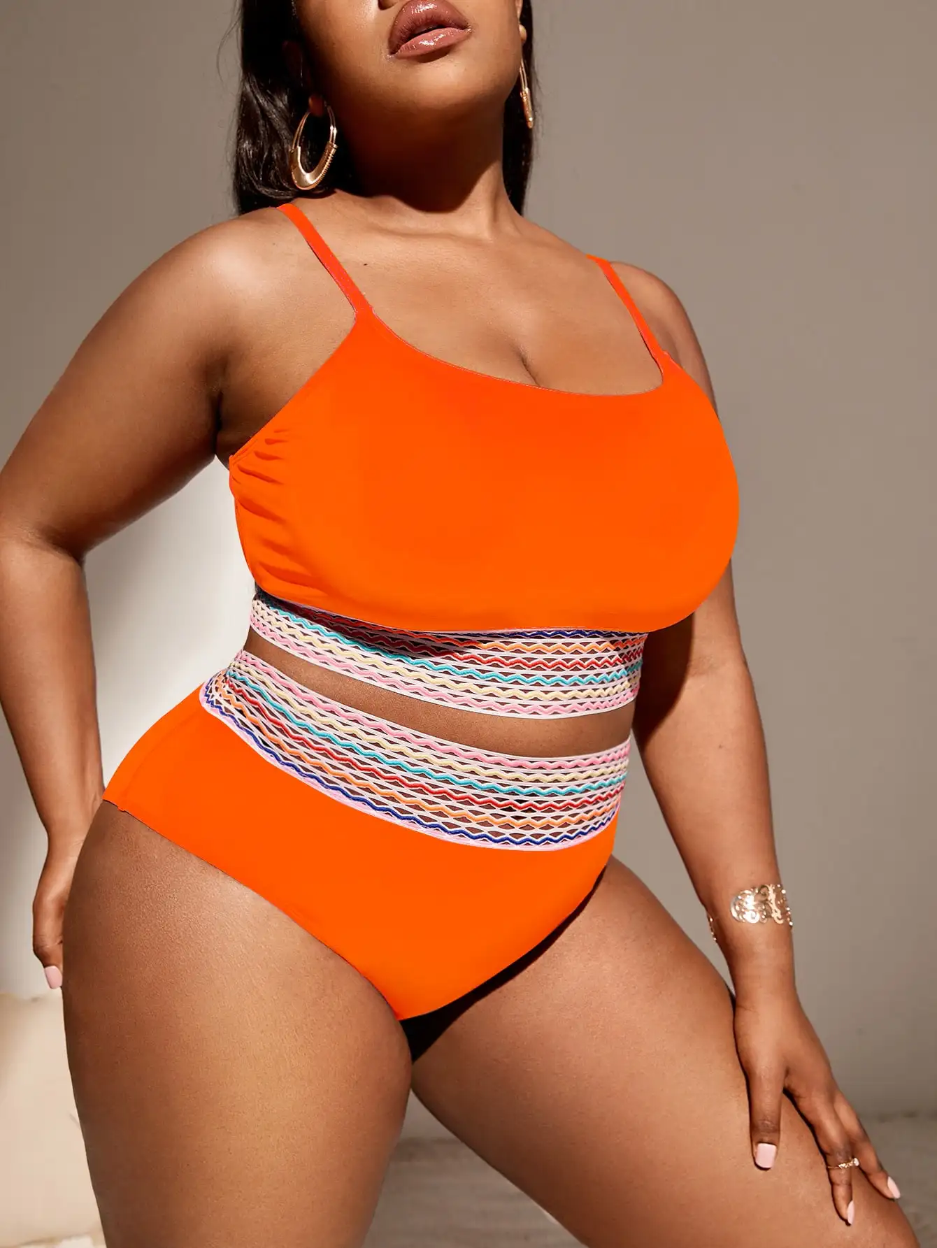 2023 Orange Contrast Trim Swimsuit Women Plus Size Swimwear Female High Waist Bathers Bathing Swimming Suit Summer Beachwear