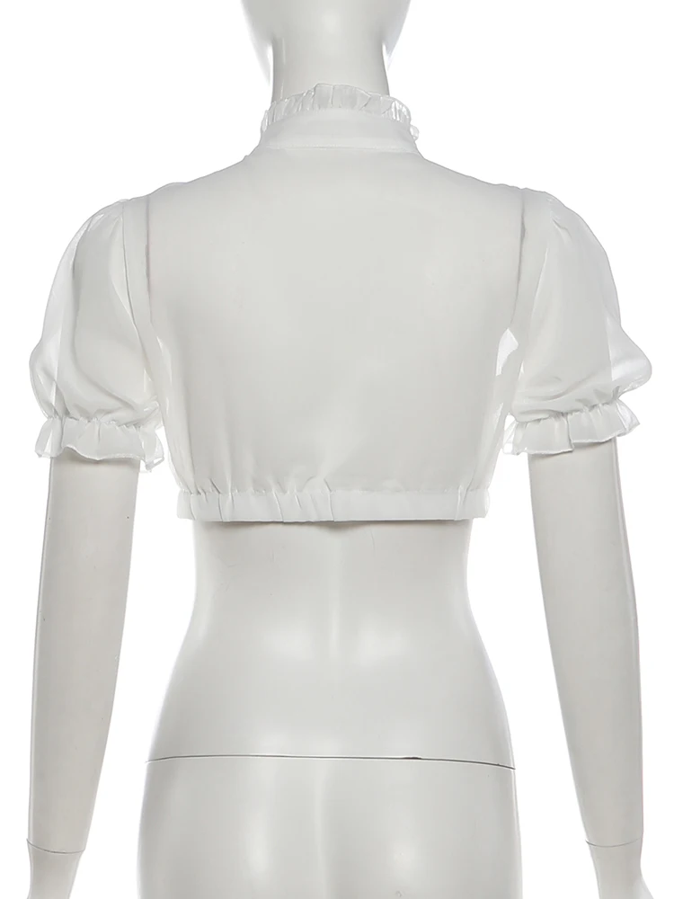 Nibber Chic T-Shirt für Damen, einreihig, durchsichtig, Falten, Puffärmel, Liniendekoration, süße Sommermode, tägliche Streetwear – Detail 5