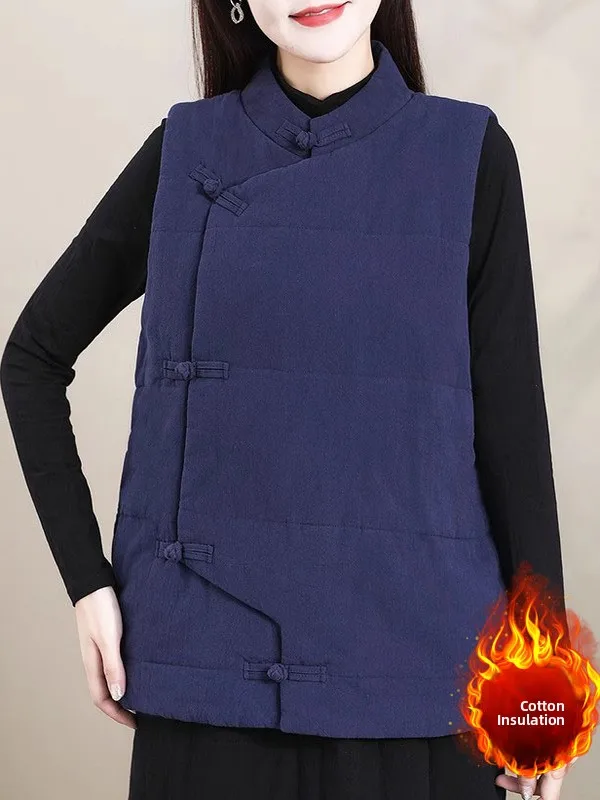 Warme Baumwollweste, große Größe, Damen-Faion, Retro-Farbe, Knopfleiste, Stehkragen, Svel-Mantel für Herbst und Winter