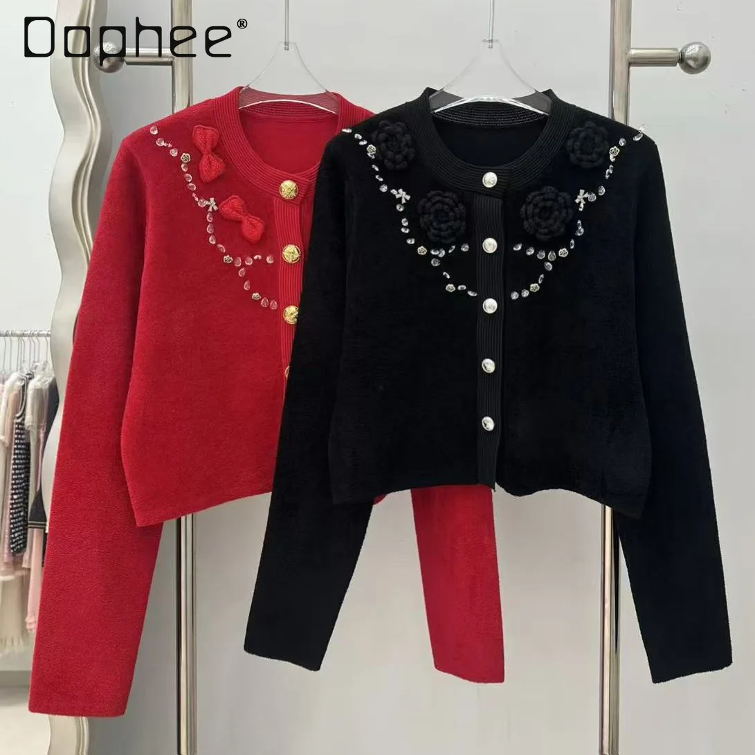 

French Elegant Socialite Cardigan Women High-end Three-dimensional Flower Beaded Embroidery Single-breasted Cropped Cardigan