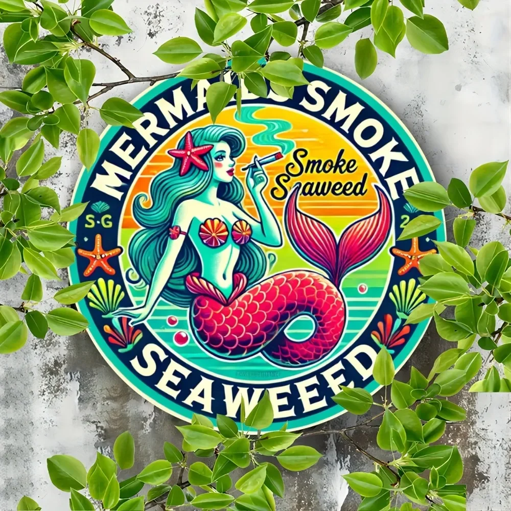 Vintage Mermaid Seaweed Smoke Aluminum Wall Art Colorful Nautical Decor with Coral Reef Sea Creatures Theme Home Decor