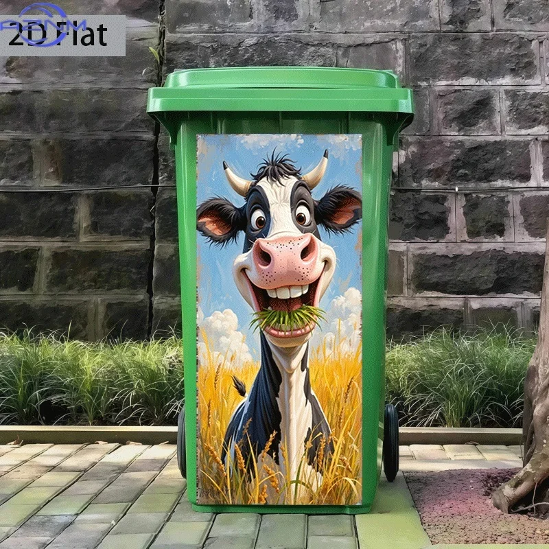 1pc of Trash Can Sticker, , Featuring a Happy Grazing Cow Theme Design. Self-Adhesive Wall Decoration for Kitchen Trash Cans (