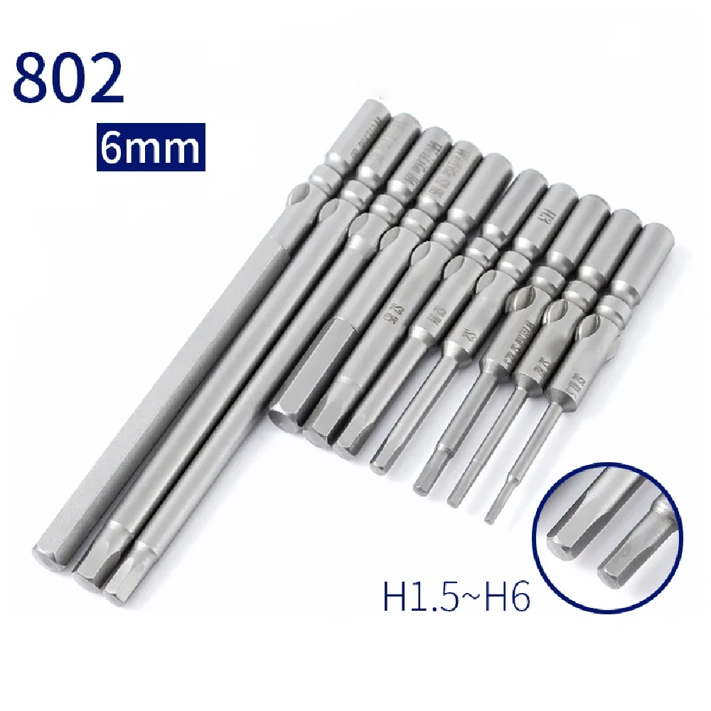 

7pcs/set 60mm/100mm Length 802 6mm round shank Electric Hex screwdriver bits Hexagon H1.5 H2 H2.5 H3 H4 H5 H6 Power Drill Bits