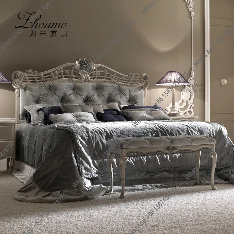 American retro simple double bed carved pull button fabric wedding bed French light luxury soft bag backrest bed