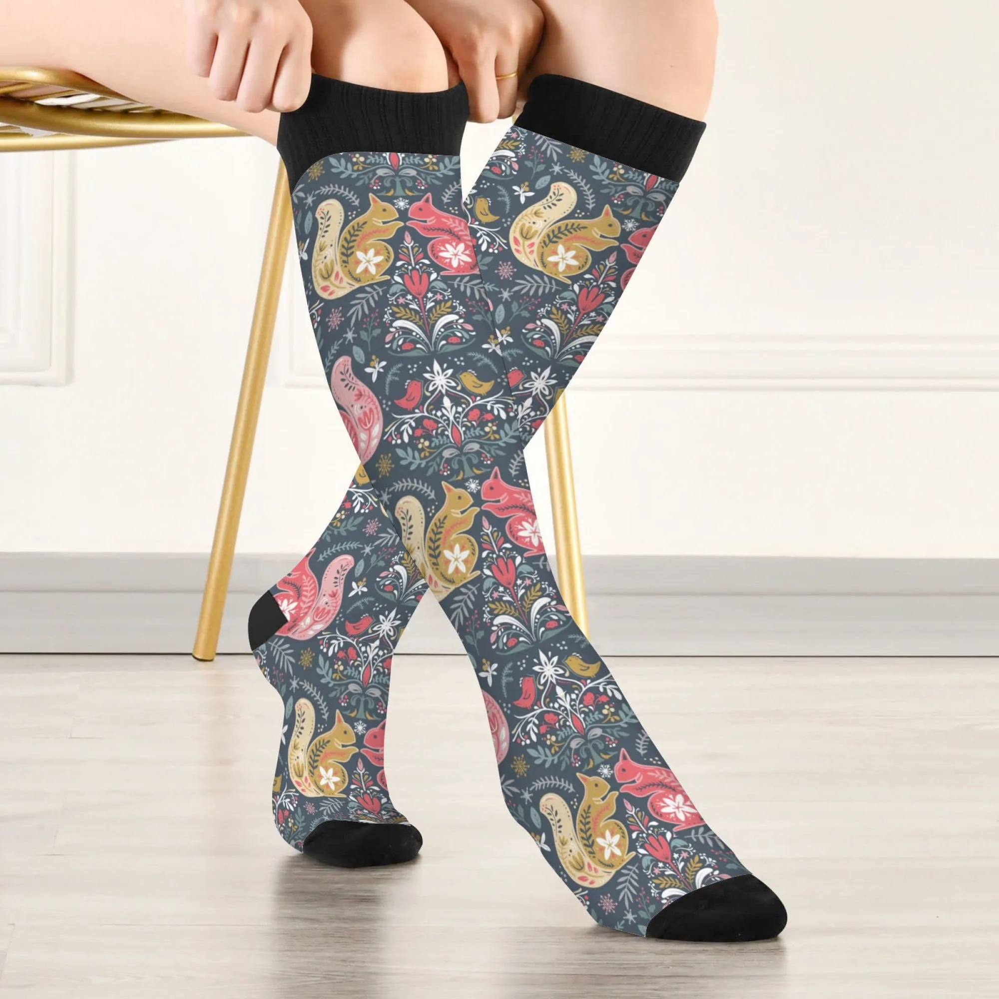 Gift-worthy Artistic Folk Knee Height Socks Dark Grey with Adorable Squirrels & Folk-style Flowers Unique Present for Art Lovers