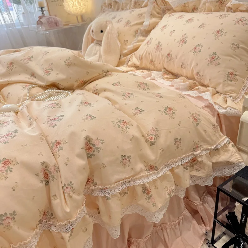 3/4Pcs Korean Princess Style Floral Lace Ruffle 100% Cotton Bedding Set Duvet Cover Bed Skirt/Bed Sheet/Fitted Sheet Pillowcases