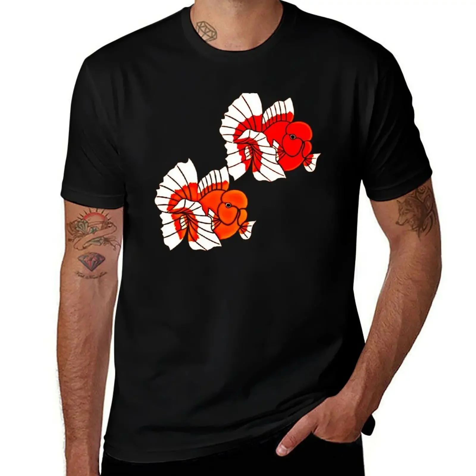 

Fancy Oranda Goldfish Pair Logo in black background T-Shirt topping Funny t-shirt anime stuff plus size tops clothes for men