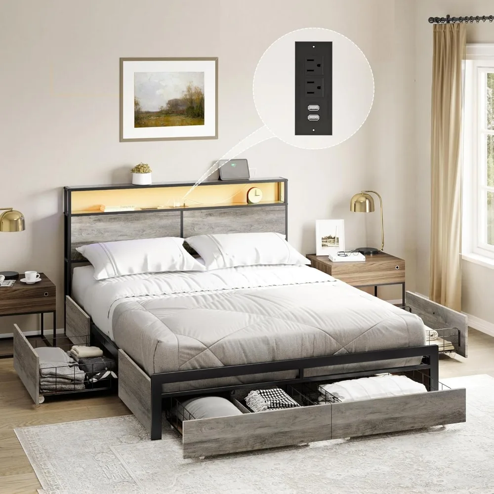 

Queen Bed Frame with Storage Headboard and 4 Drawers LED Lights Metal Platform with Non-Slip Surface, Noise-Free Sturdy Metal Sl