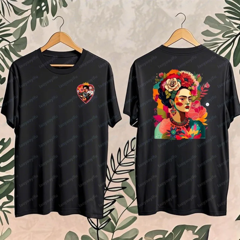 Camiseta Casual de Algodão Estilo Retrô Frida Kahlo com Estampa Floral Colorida Dupla Face para Adultos - Top Boho Mexicano Streetwear