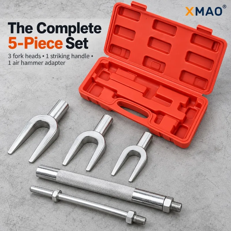 XMAO 5PCS Steering Link Ball Joint Separator Kit, Pickle Fork Tie Rod Removal Tool with 3 Heads, 2 Handles and Red Carrying Case