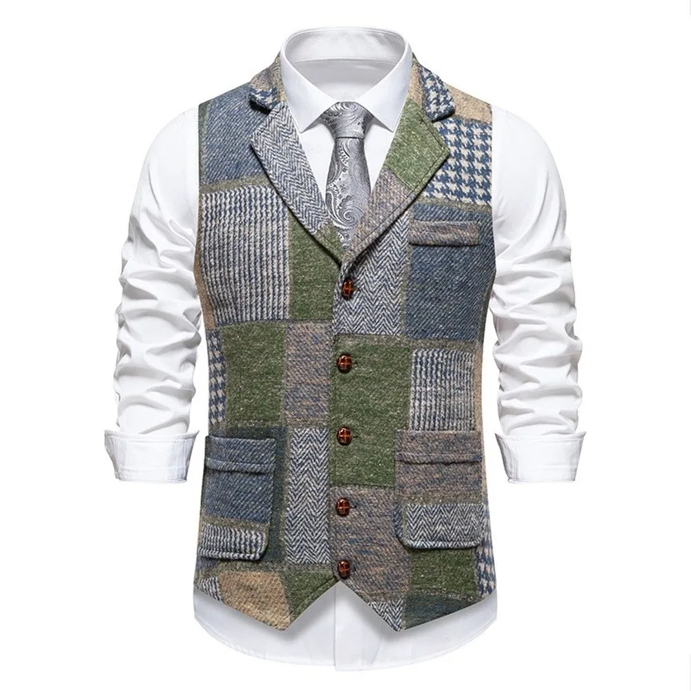 Tweed Plaid Sleeveless Waistcoat for Men Lapel Collar Adjustable Back Strap Herringbone Vest for Business and Social Events