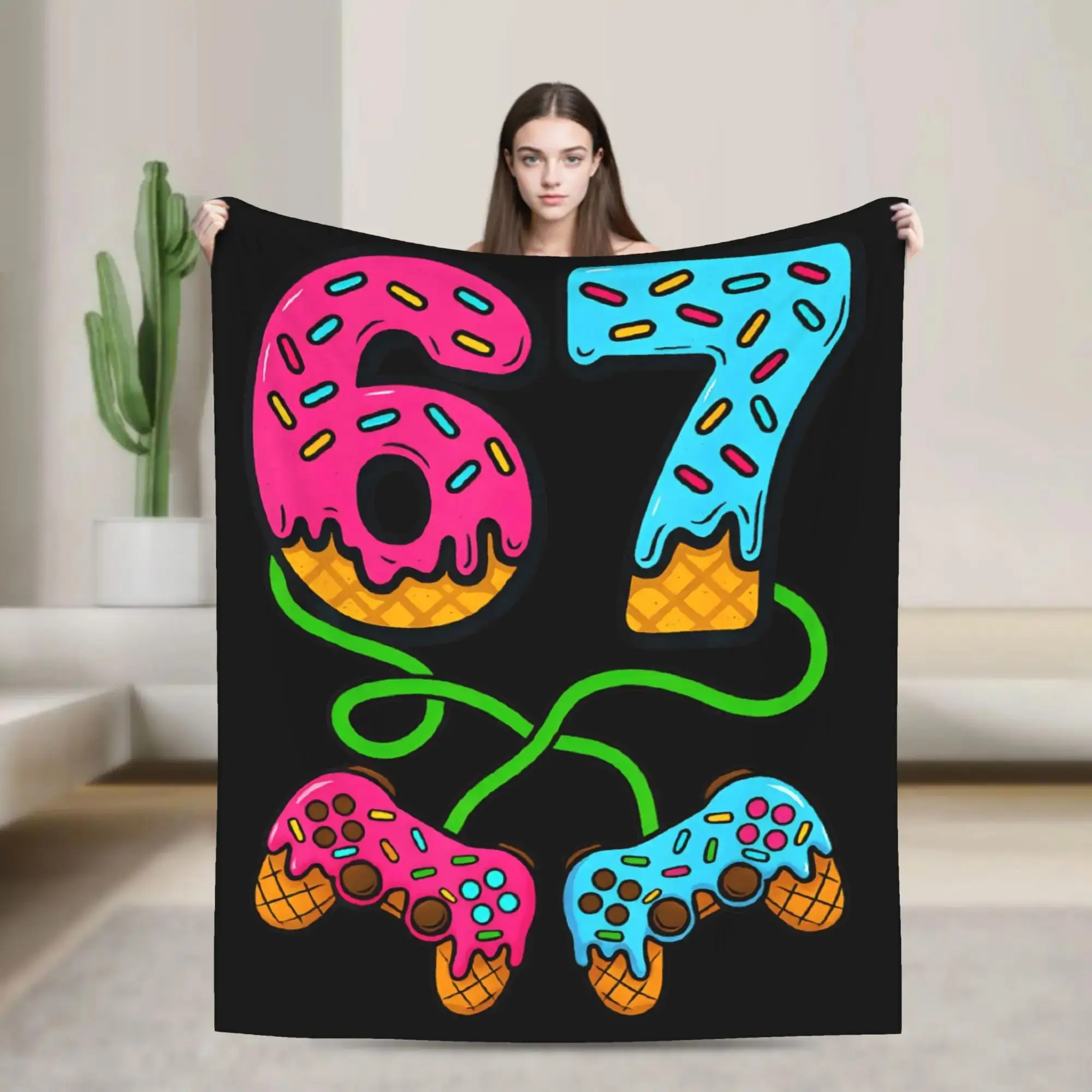 

Теплое одеяло-плед для детей и взрослых с дизайном «Мороженое» и геймерским принтом Gen Alpha Slang, идеально подходит для кровати, дивана, пикника