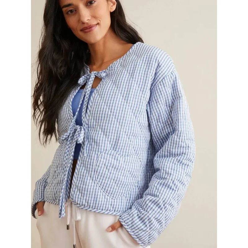 

Chic Plaid Lightweight Quilted Jacket For Women Fashion O-Neck Long Sleeve Tie Coat Lady 2025 Autumn Winter Casual Outerwear