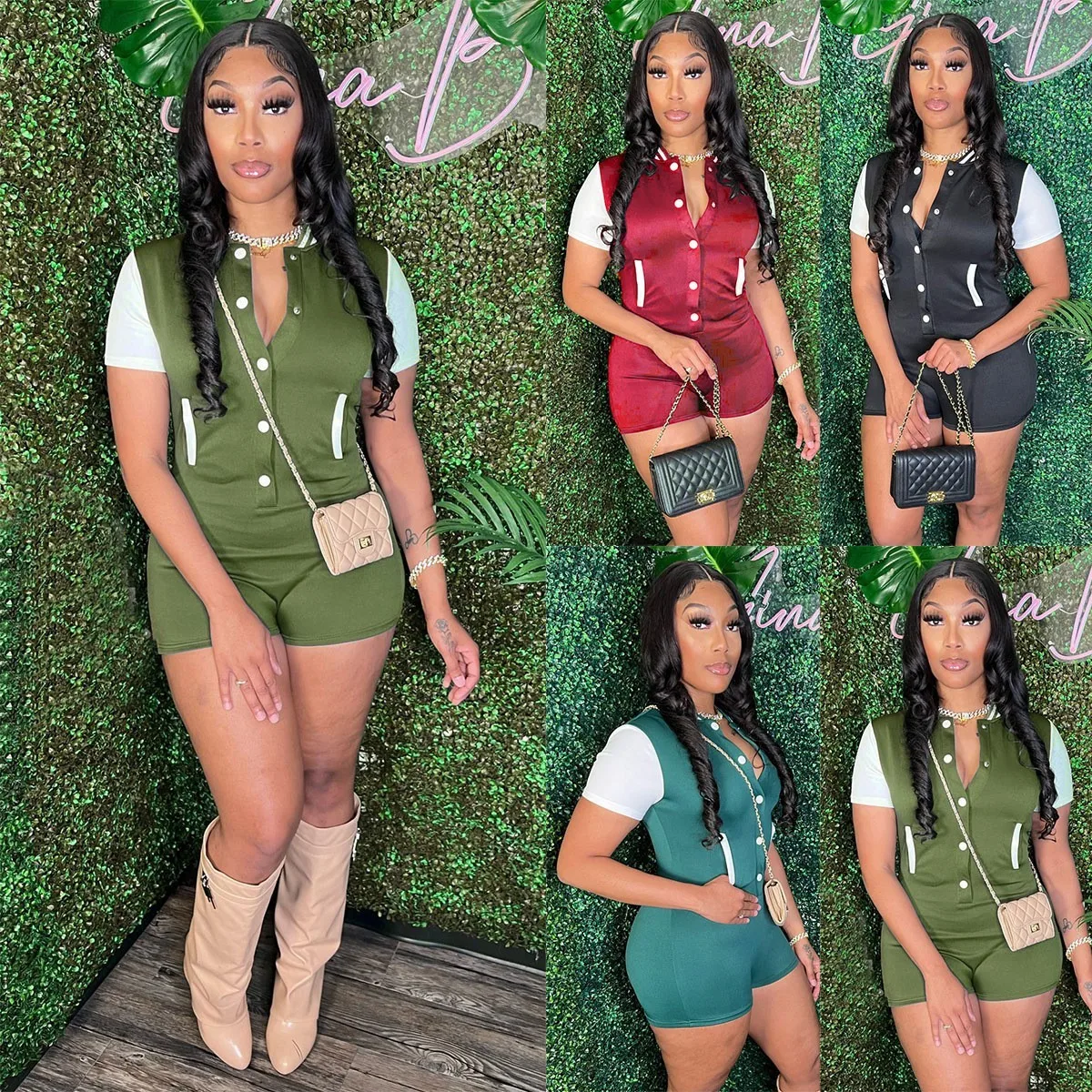 

Summer Clothes Jumpsuit Women's Button Front V Neck Romper High Waist Straight Leg Short Jumpsuit Olive Green Burgundy Casual