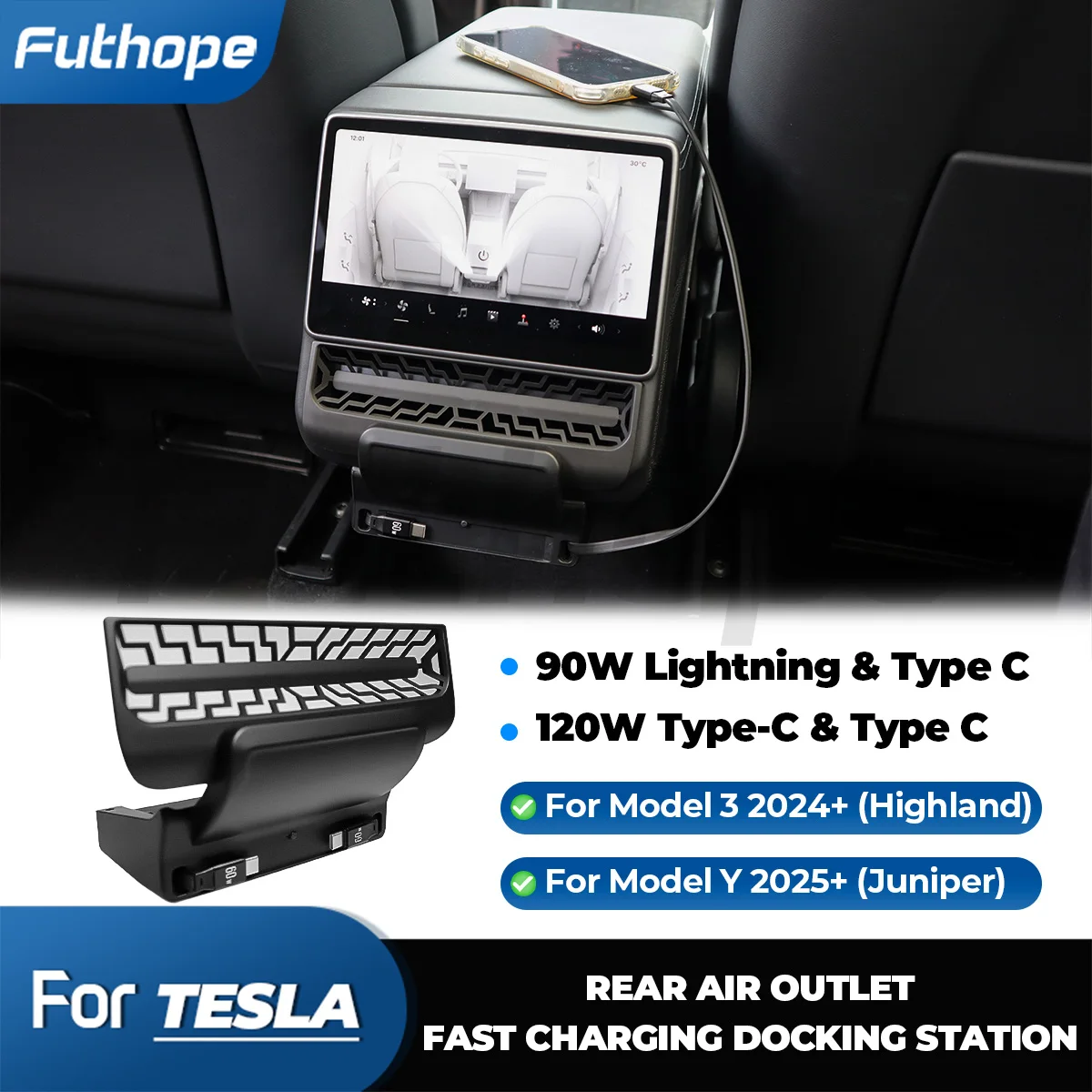 

futhope Rear screen expansion dock For Tesla Highland Juniper Rear Air Vent HUB Fast charging telescopic Cable