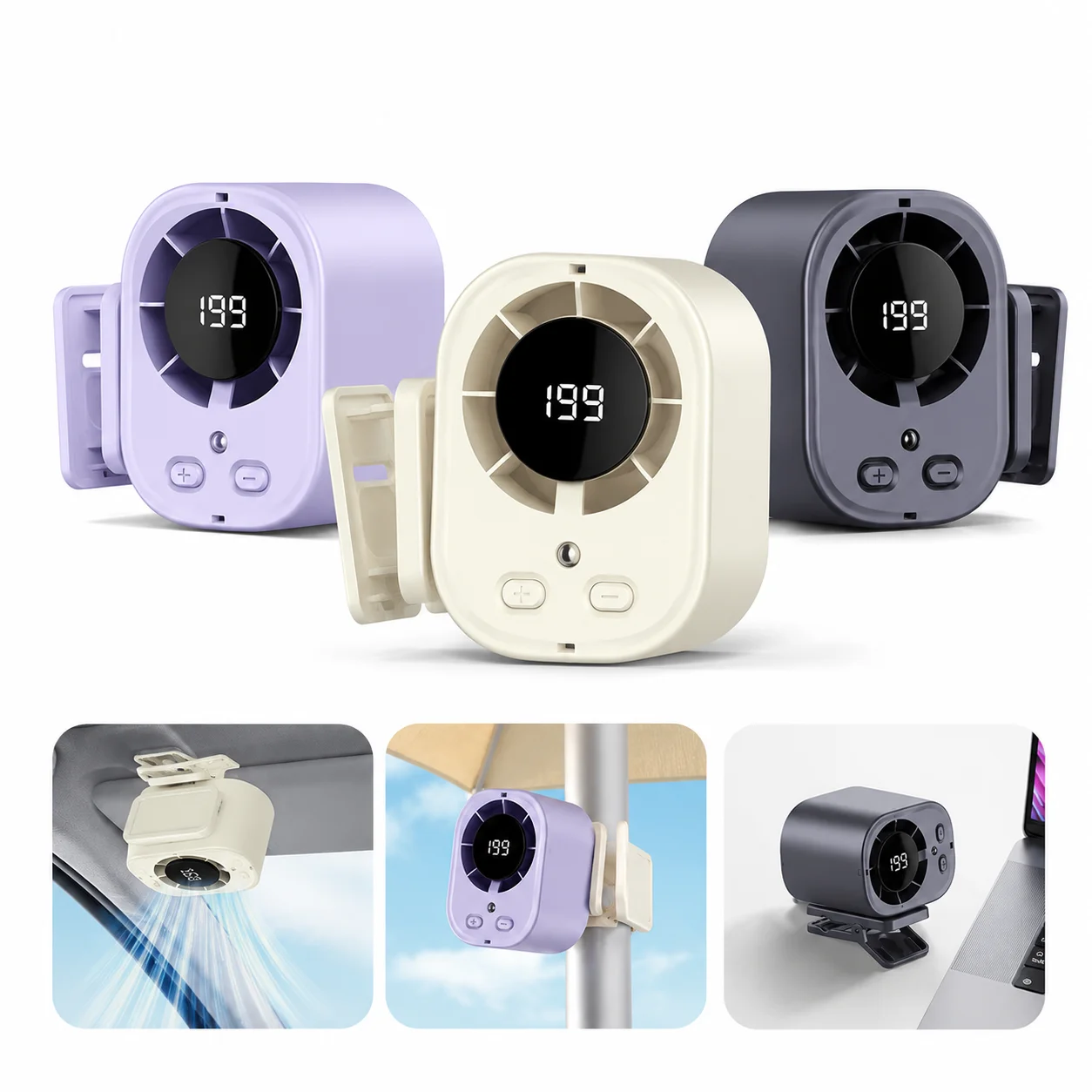 Portable Semiconductor Cooling Fan Rechargeable Clip on 360 Rotation LED Screen 3 Speeds Car Fan for Camping Office