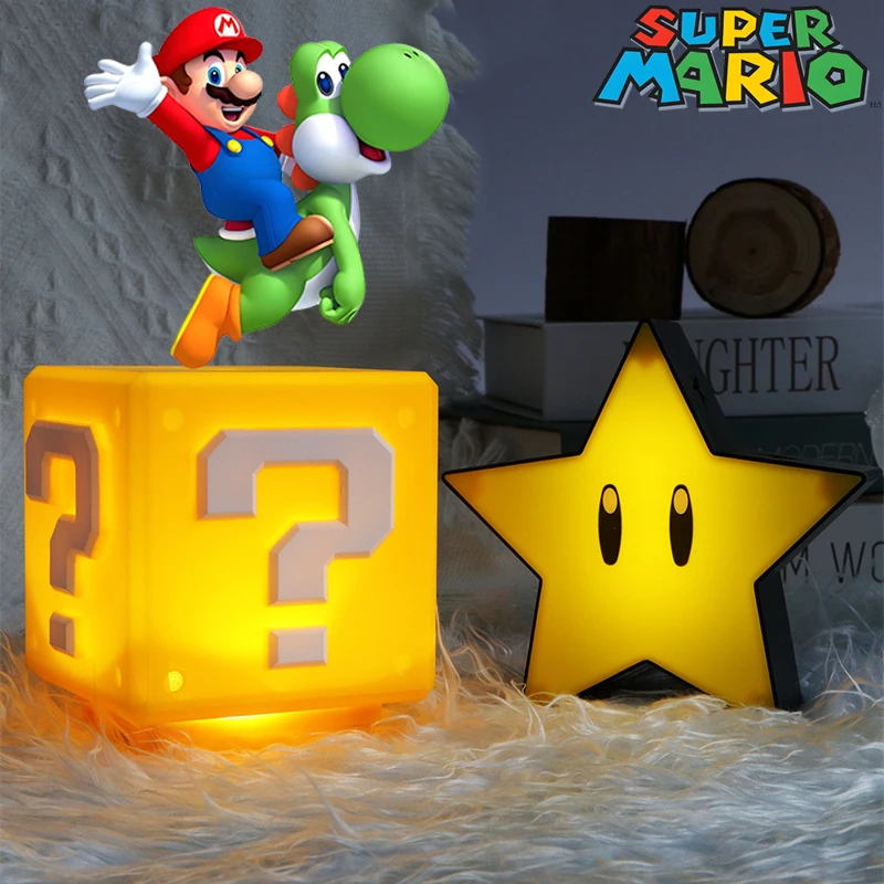 Anime Mario Bros Questions Mark Super Star Figure Toys Mushroom Koopa Troopa LED USB Charging Table Lamp Lights Model Dolls Gift