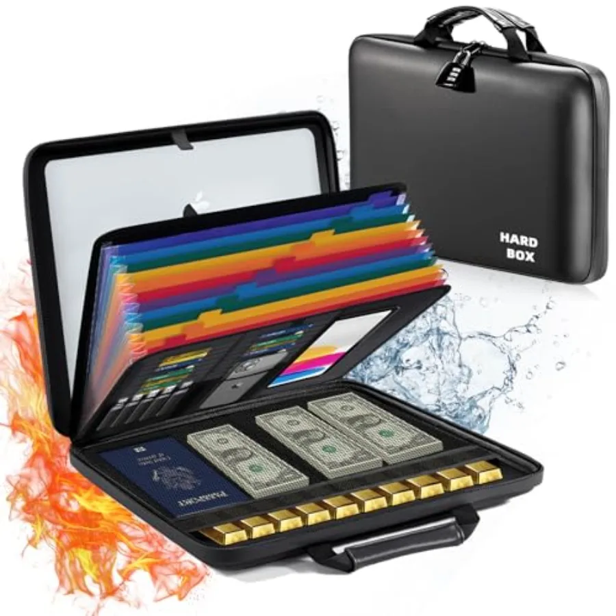 

Fireproof Document Box File Organizer: Hard-Shell Case Fireproof Waterproof Box with Lock and 13 Pocket Accordion File Folder -