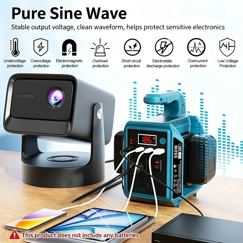 550W Portable Pure Sine Wave Power Inverter with LED Light, USB Type-C DC Port Power Inverter DC18-21V to AC220V Power Inverter