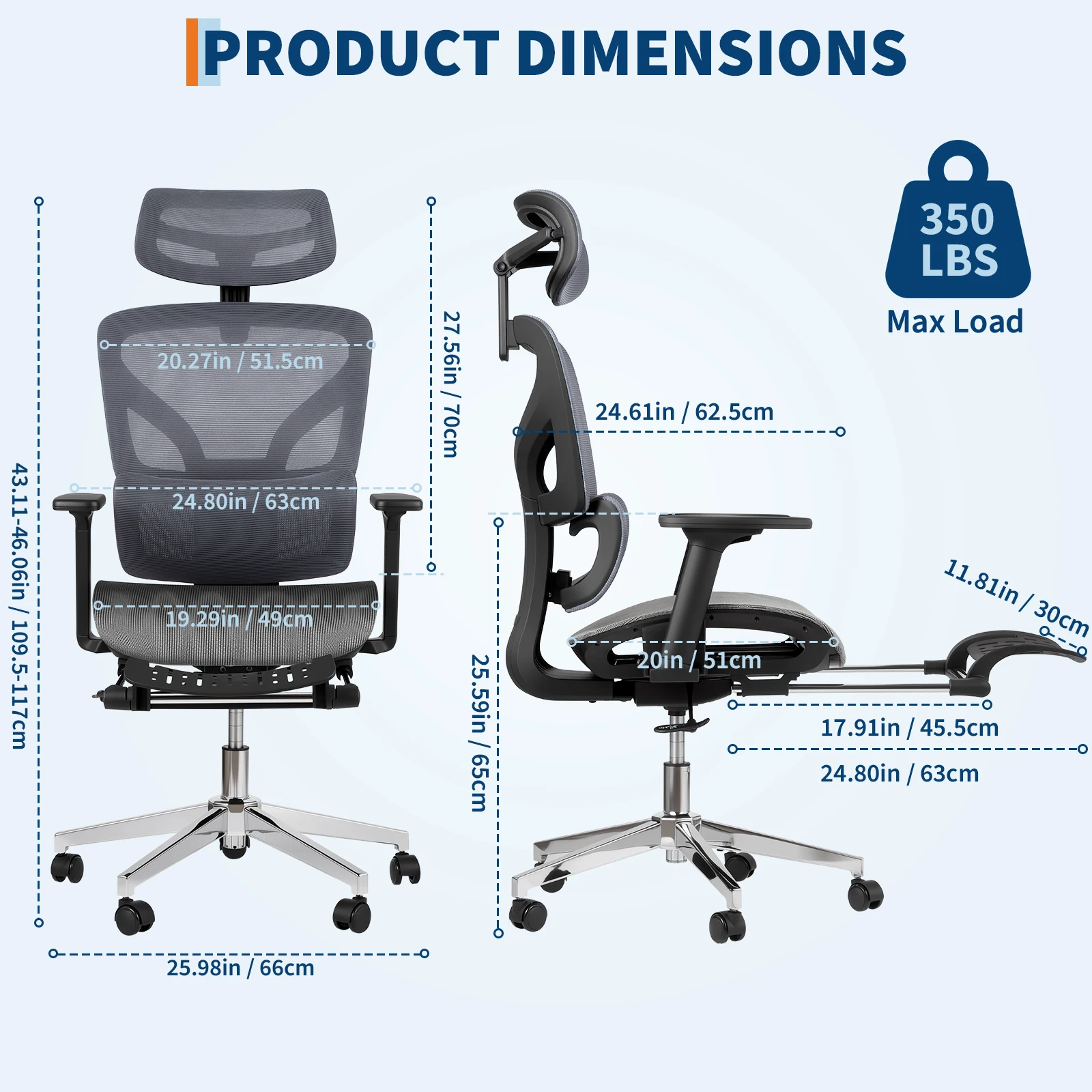 Ergonomische bureaustoel van mesh met hoge rugleuning en 3D verstelbare armleuningen, lendensteun, verstelbare stoeldiepte, intrekbare voetsteun,