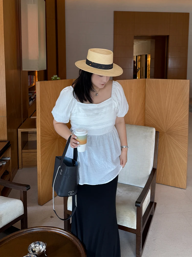 

Женская блузка с квадратным вырезом и высокой талией, больших размеров, идеальные пропорции, фасон «карандаш», для повседневной носки, летняя мода