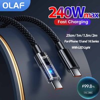 240W USB C to USB C Fast Charge Cable 6A USB Type C Data Cable For iPhone 16 15 Xiaomi Samsung 25cm-2m LED Mobile Phone Cable