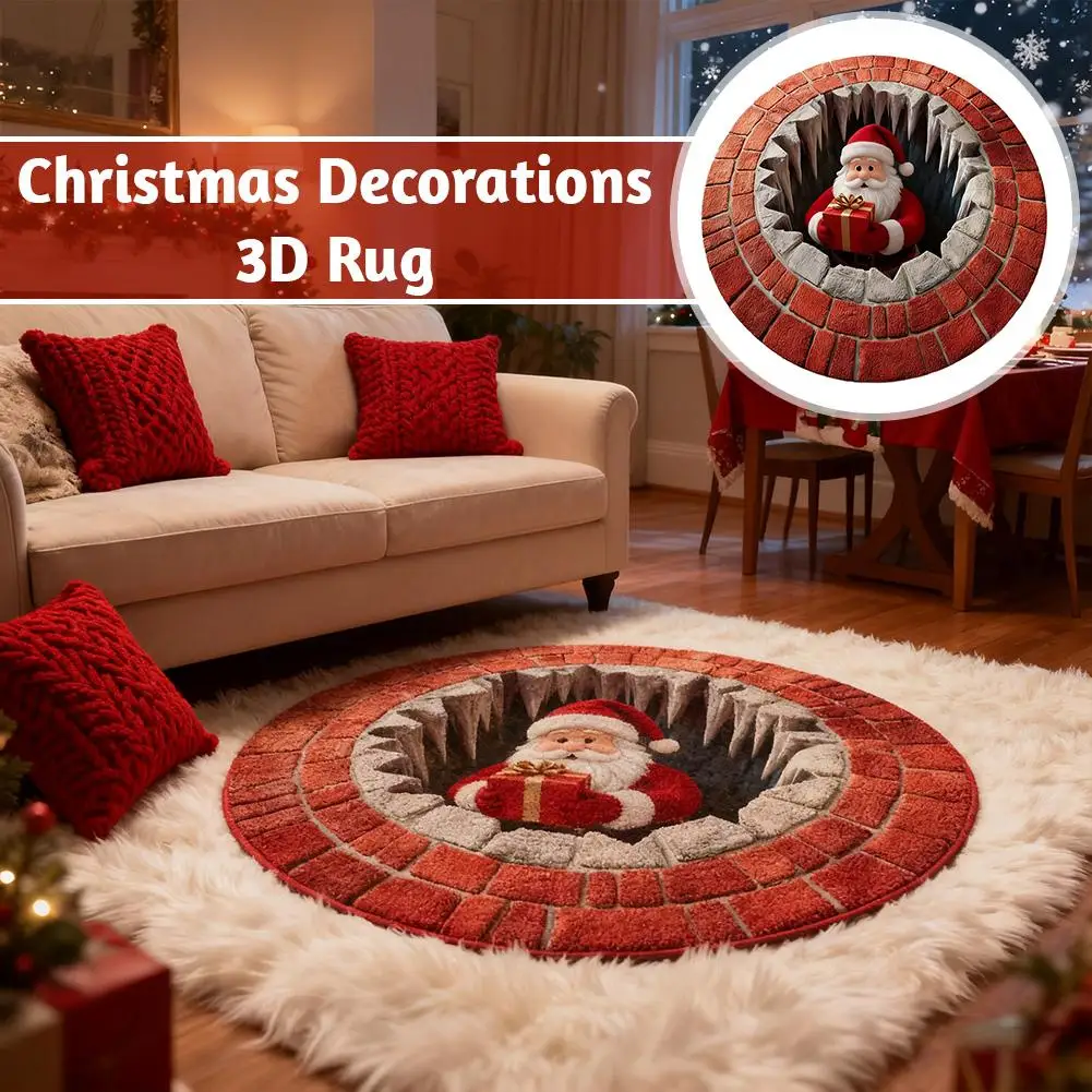 3d Christmas Round Rug Washable Non-Slip Xmas Rug Christmas 3d Rug Wear-Resistant For Bedroom Kitchen Entryway