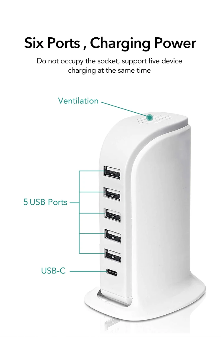 6 포트 USB 벽 충전기 데스크탑 충전 스테이션 빠른 충전 PD 20W USB C 충전기 포트 40W 출력 6 in 1 고속 충전기