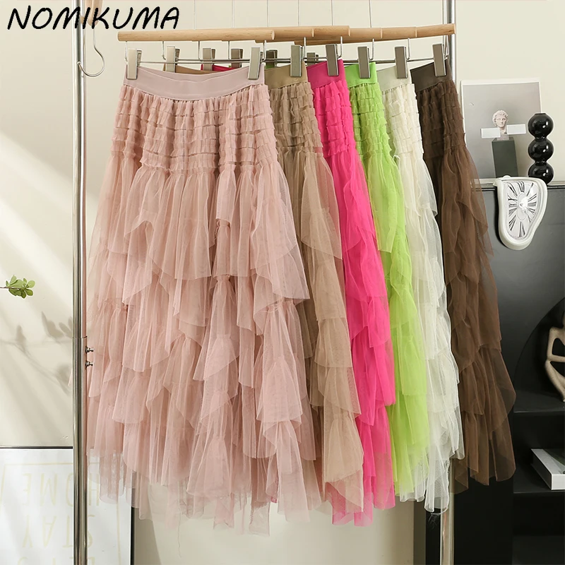 

Nomikuma Sweet Mesh Irregular Skirts Women Autumn 2023 New High Waisted A-line Layered-ruffle Cake Skirt Mujer Faldas