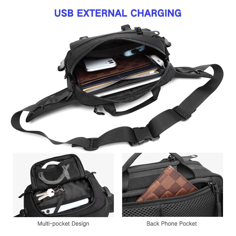 OZUKO-Bolsa de cintura multifunções para homens, Fanny Pack exterior, impermeável, viagem masculina, bolsa de telefone, sacos de cinto transversal, moda