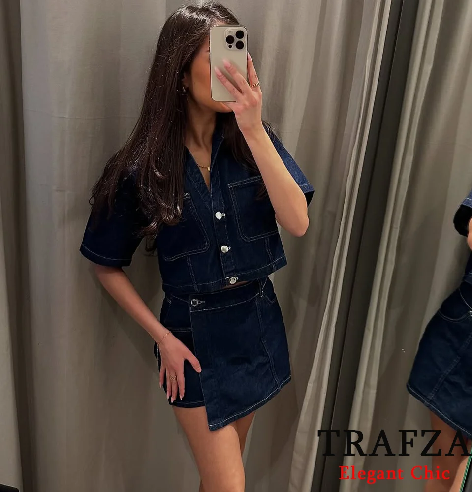 TRAFZA-Conjunto de mezclilla informal para mujer, pantalones cortos con botones de solapa, camisas + falda corta asimétrica, conjunto de falda pantalón de uso diario Simple, nueva moda 2025