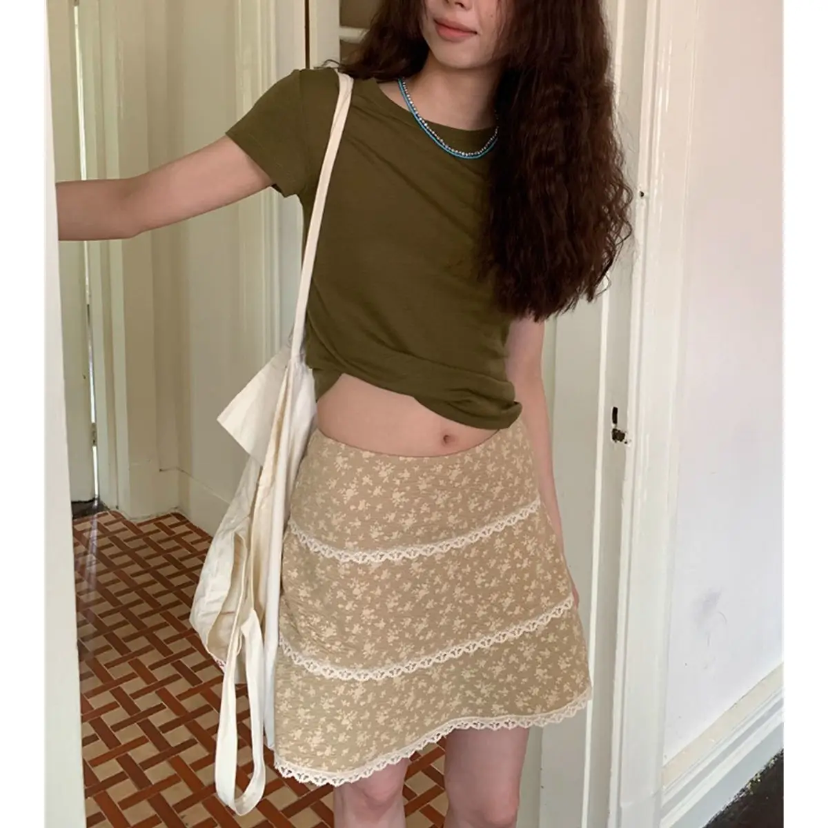 

Retro Design Floral Print Midi Skirt 2025 Summer Lace Patchwork A-Line Short Dress