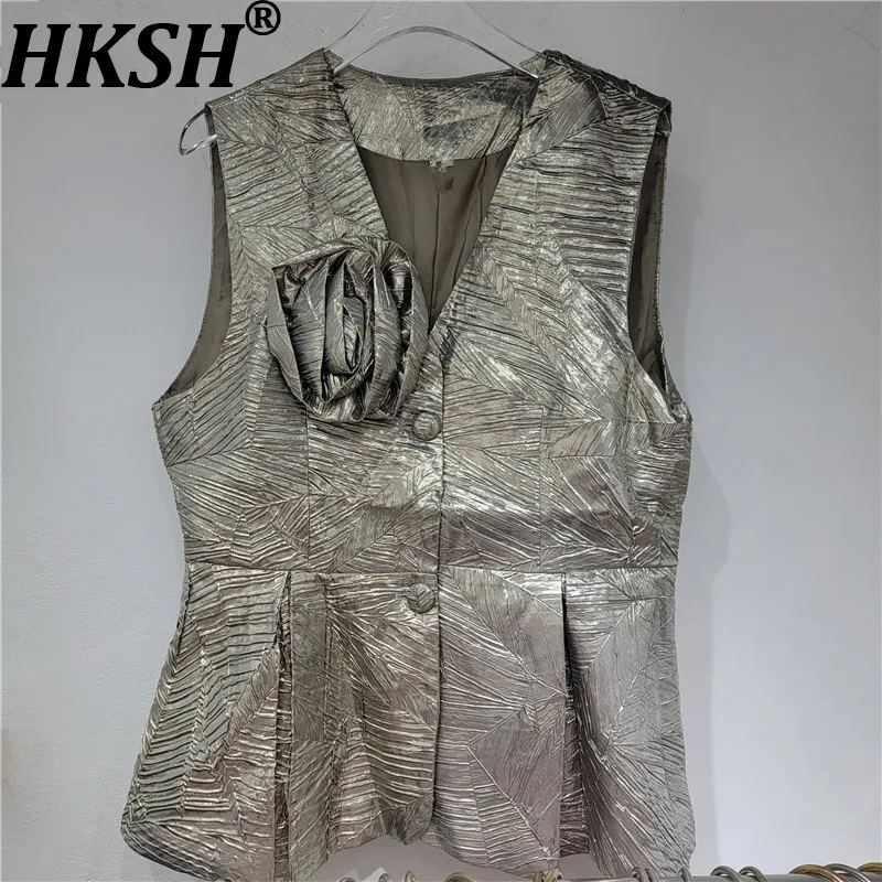 

HKSH Autumn New Women's French Punk High Street Trendy Three-Dimensional Flower V-neck Single Breasted Slimming Waistcoat HK7802