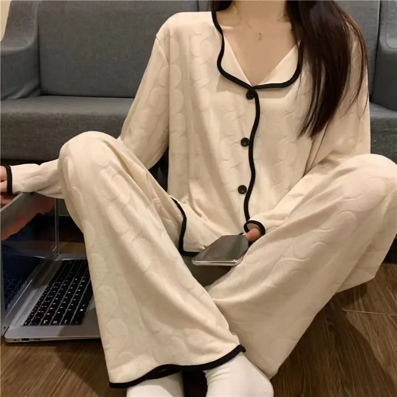 2pcs/set Girls Solid Colour Long Sleeve Homewear Lady Loose Turn Down Collar Loungewear Spring Autumn Women Simple Casual Pajama