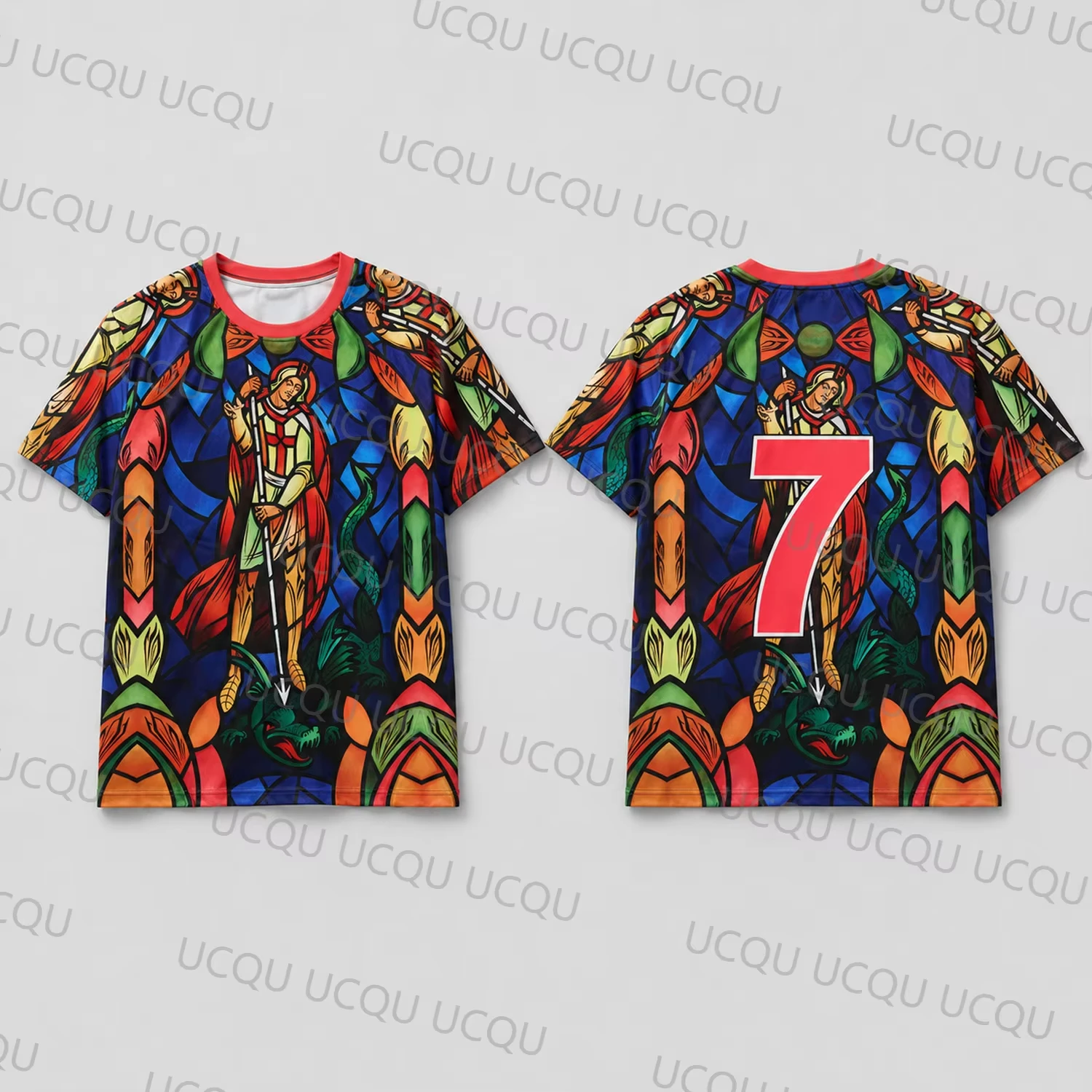 7 Unisex Polyester Stained Glass Football Print Jersey Quick Dry Breathable Summer Fan Short Sleeve Tops