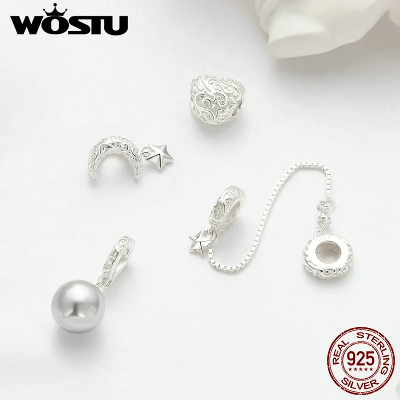 WOSTU-925 Sterling Silver Natural Pearl Pendant, Encantos Flor, Estrela, Lua, Retro Coração Beads, Cadeia de Segurança Fit, DIY Pulseira, Colar