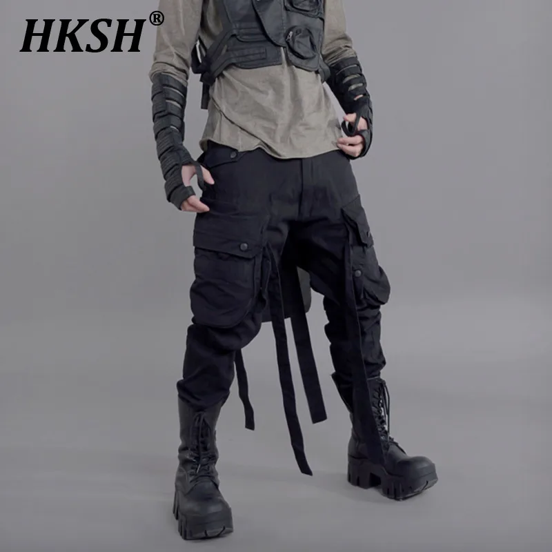 

HKSH Men's Dark Tide Waste Land Niche Designer Strap Parachute Cargo Pants 3D Pockets Punk Avant Garde Fashion Overalls HK0135